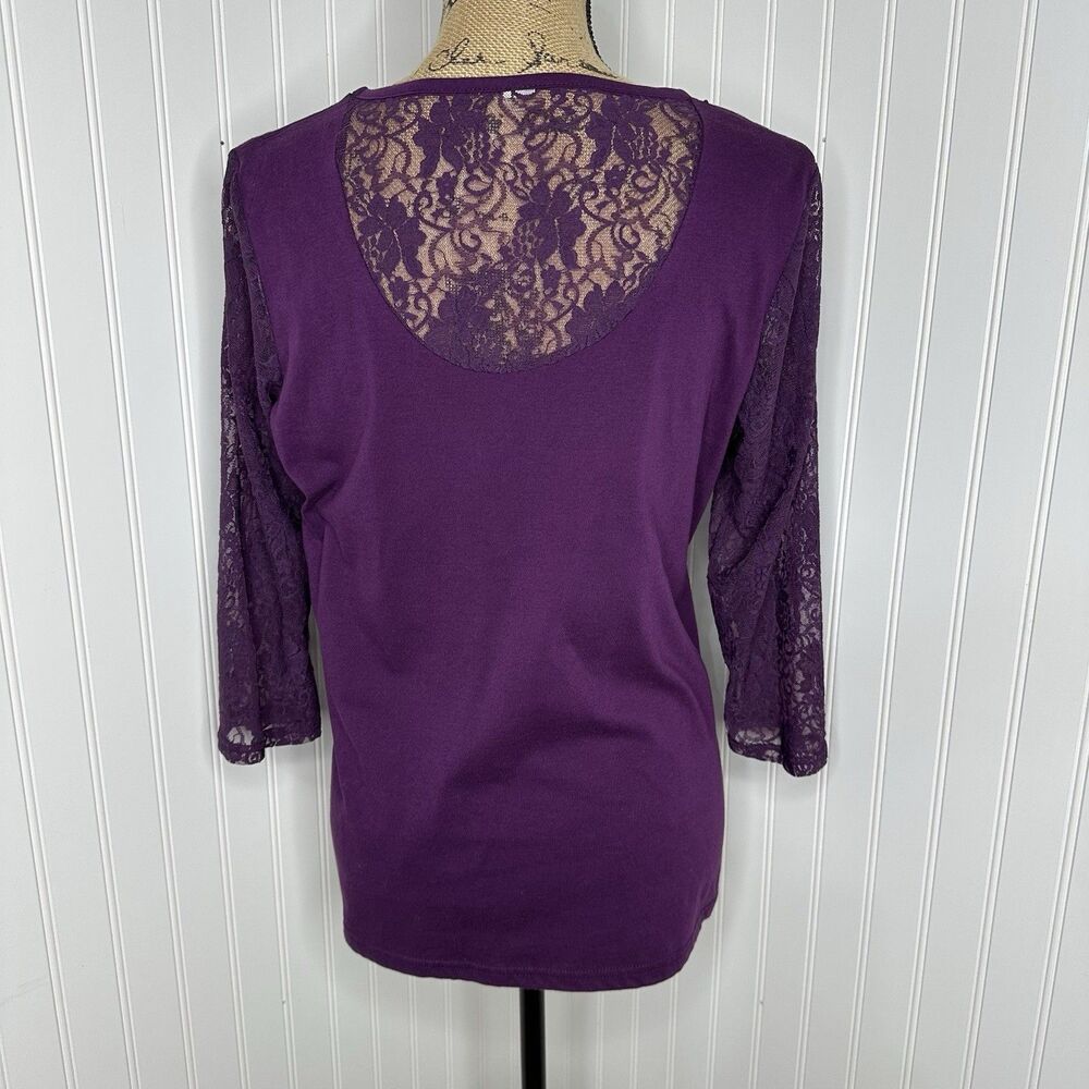Y2K Stretch Top Sz M?‎ Purple Sheer Floral Lace Embellished Neckline Fairy Boho - Picture 3 of 13